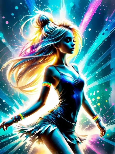 a girl, blonde hair, blue eyes, long messy hair, wearing tight shirt, dancing at a rave party, glowstick bracelet, glowing, intricately detailed, cinematic, colorful light rays, vibrant colors, colorsplash, glowing colorful splash on shirt, stylized <lora:...