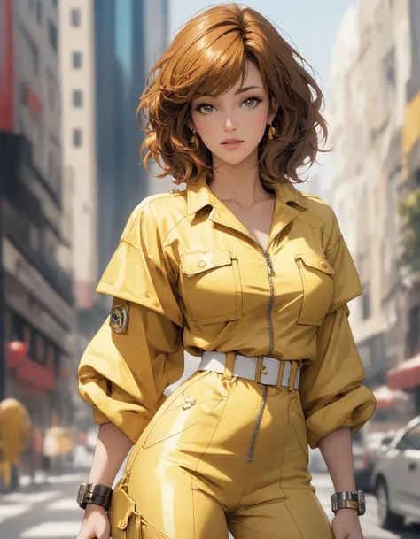 a woman in a yellow outfit is walking down a street