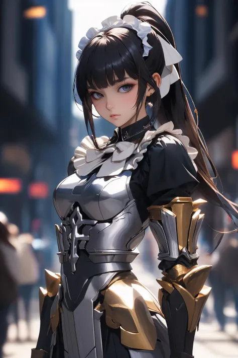 (masterpiece, best quality:1.2), solo, 1girl, olnarberal, expressionless, looking at viewer, ponytail, maid headdress, maid, armored dress, gauntlets <lora:ol_narberalgamma:1>