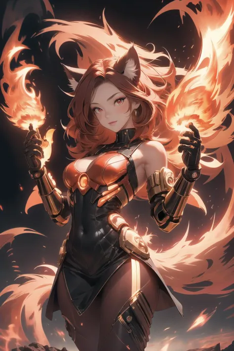 A photograph of a catgirl, fully cothed, red glowing cyberpunk dress, cute 18 year old catgirl, big cat paws, covered in red fur, fuzzy red tail, fuzzy red fur, beautiful red eyes, long red flowing hair, phoenix catgirl, fiery hair and arms, glowingeffects...