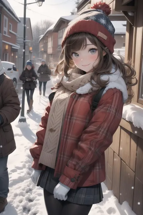 masterpiece, extremely detailed, ultra high res, 8K, 1girl, rosy cheeks, small smile, sparkling eyes, medium hair, brown hair, curly hair, winter clothing, wearing beanie, wearing snow gloves, (leaning forward), hands behind back, snowing, christmas settin...