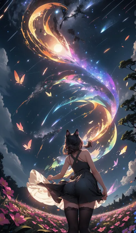 (bottom view),catgirl standing in a flower field looking up (full moon),(shooting stars),(nebula),sakura,(warm light source:),(Firefly),intricate details,volumetric lighting,(masterpiece),(best quality),4k,ultra-detailed,(dynamic composition),highly detail...