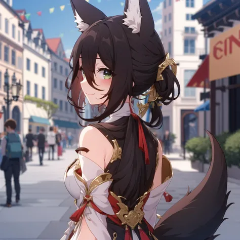 (masterpiece, best quality), 1girl, solo, sr-tingyu, foxian-outfit, fox_tail, <lyco:ting-000005:0.75>, upper_body, from_behind, looking_back, smile, blush, city, busy street, outdoors, bokeh