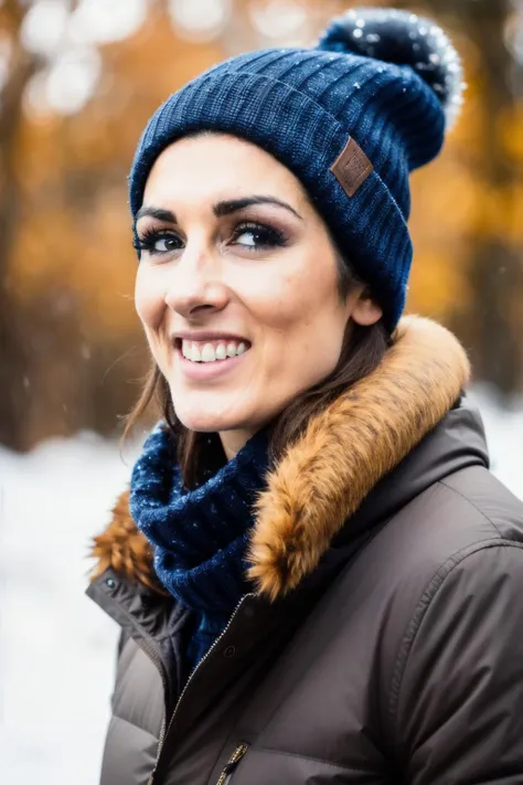 a woman wearing a blue hat and scarf smiles while standing in the snow