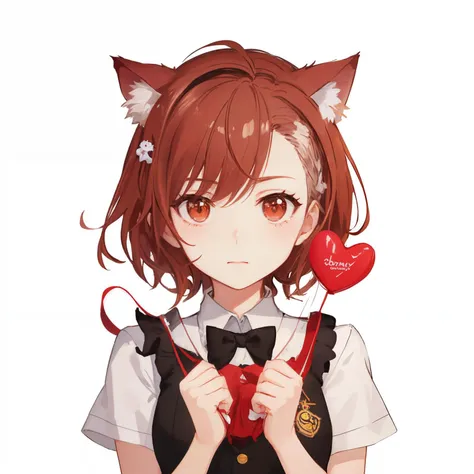 master, chief 1girl, cat ears,  twitch emote, cartoon, chibi, white background,  <lora:twitchEmotesLORA_v13:0.9>, misaka_mikoto, close face, Holding a red heart balloon