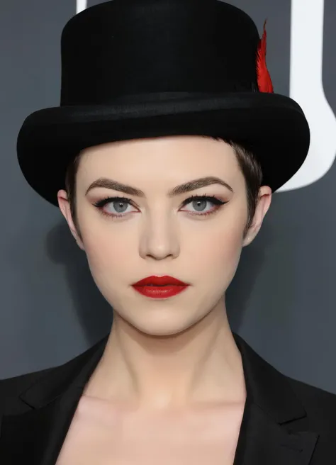 image of a beautiful woman, elvyyost, solo, highly detailed, very short hair, dark hair, red lips, makeup, top hat, black suit,
<lora:ElvyYostSDXL_v1a:0.8>