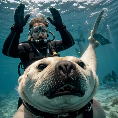 a diver playing with a walrus, extremely detailed face eyes lips body feet hand fins,<lora:epiCRealismHelper:1>, <lora:scubagear2023:1.0> scubagear2023, diving mask, scuba tank, goggles, diving suite, feets with diving fins, Ultra-realistic 8k CG,masterpie...