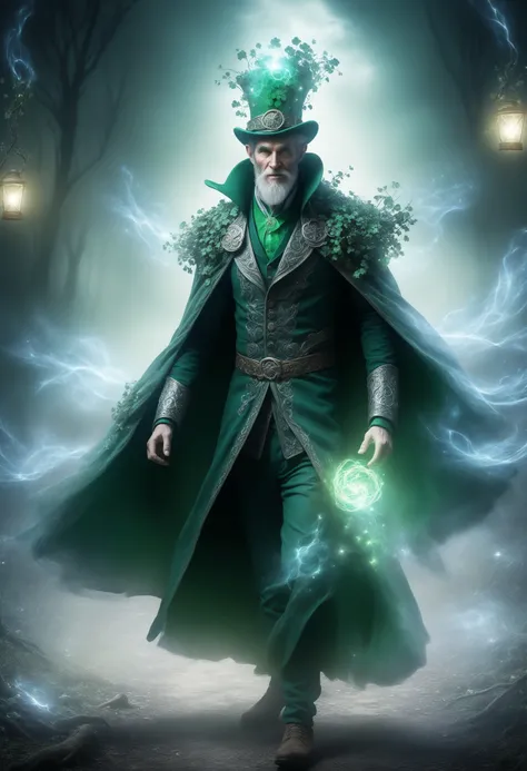 DonM3t3rn1tyXL st. patrics day, irish folklore, abandoned orchard,  smoky,shamrocks, fairies, fairy lights, a DonMB4nsh33XL man leprechaun with traditional clothing, dynamic, motion, action,  <lora:releasedDonMMy51ic4lXL-v1.1-000006:0.5> <lora:releasedDonM...