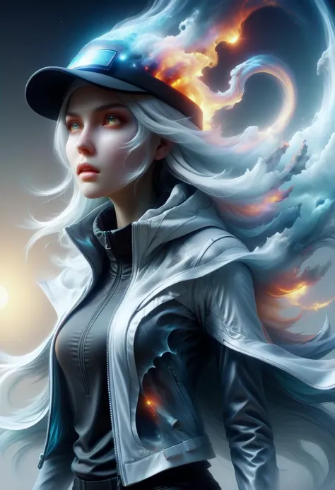 a woman with a hat and a jacket on is standing in front of a fire