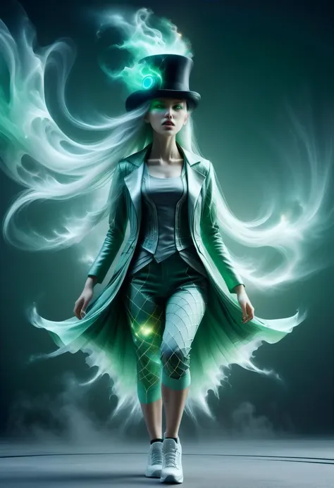 a woman in a top hat and green coat walking