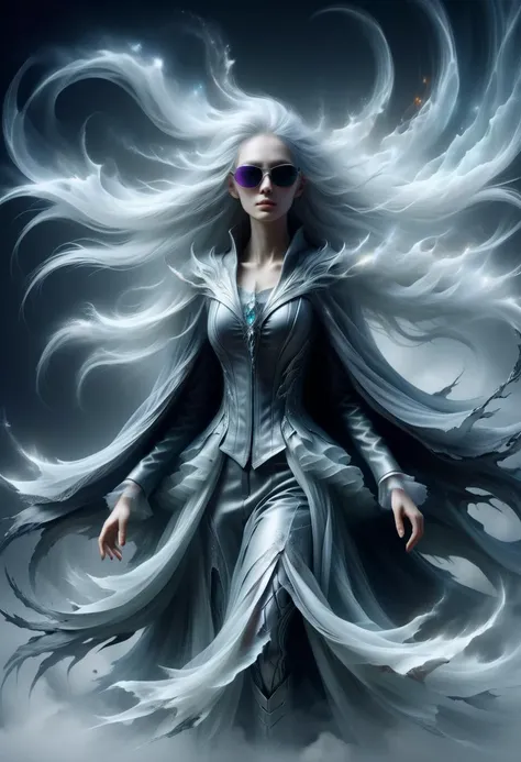 a woman with long white hair and sunglasses standing in the air