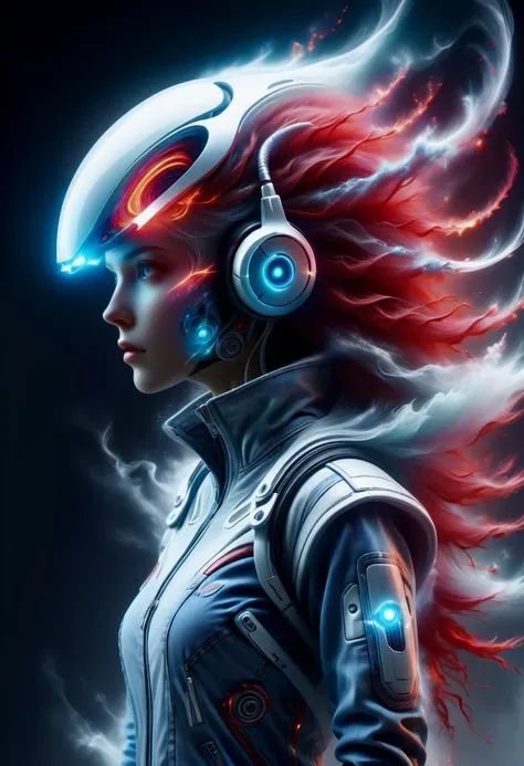 a woman with headphones and a futuristic suit in the air