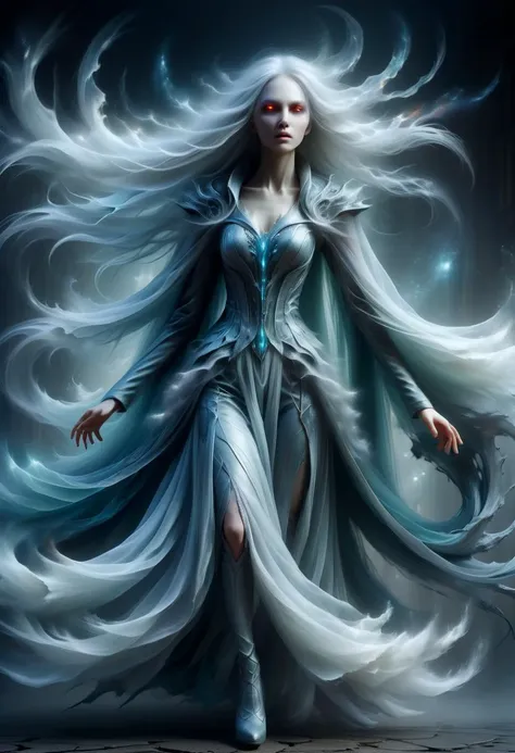 a woman in a white dress with long hair and a blue cape