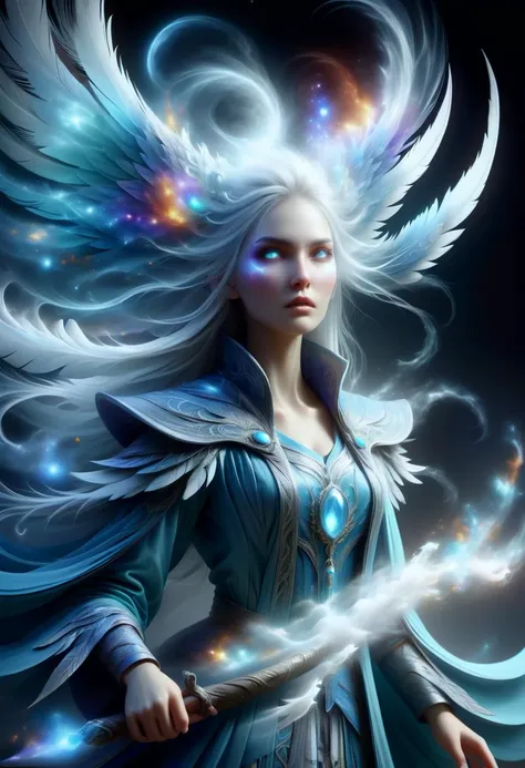 a woman with white hair and blue wings holding a wand