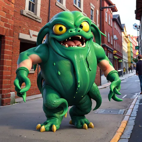 araffe in a green costume walking down a street