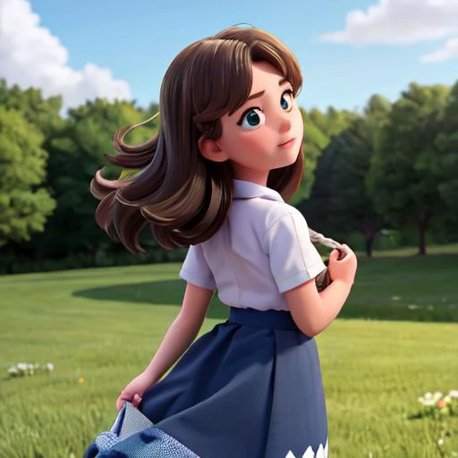 a girl in a blue dress standing in a field