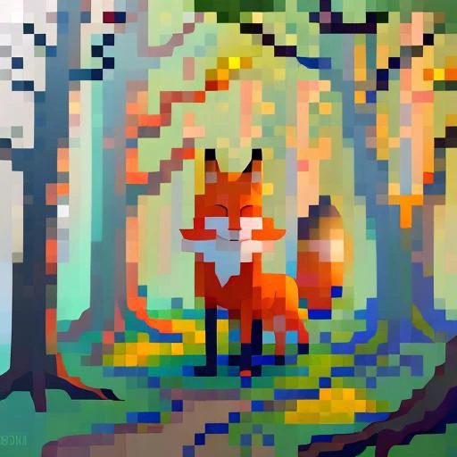 a close up of a pixel style picture of a fox in a forest