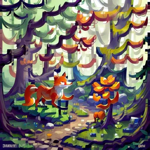 a painting of a fox in a forest with trees and a path