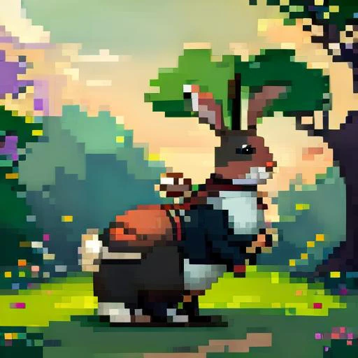 a close up of a rabbit in a field with trees