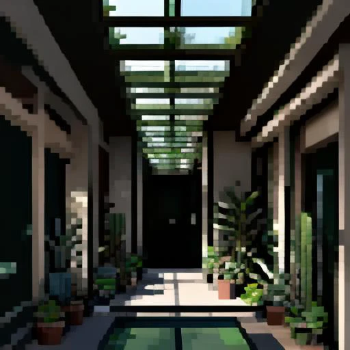 there is a pixel image of a courtyard with a pool