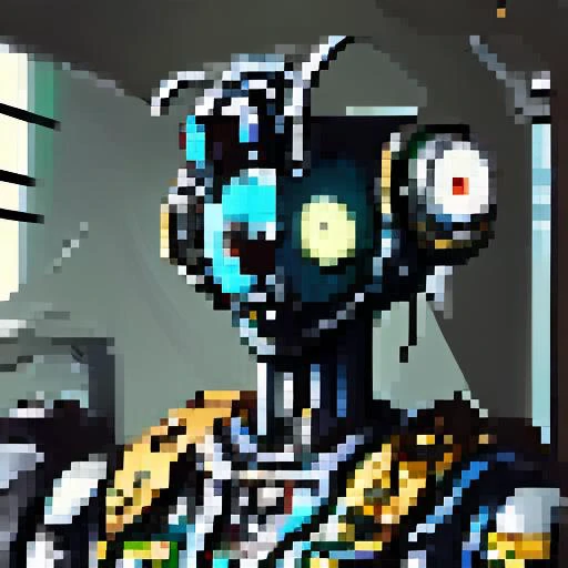 there is a pixel image of a robot with a yellow and blue suit