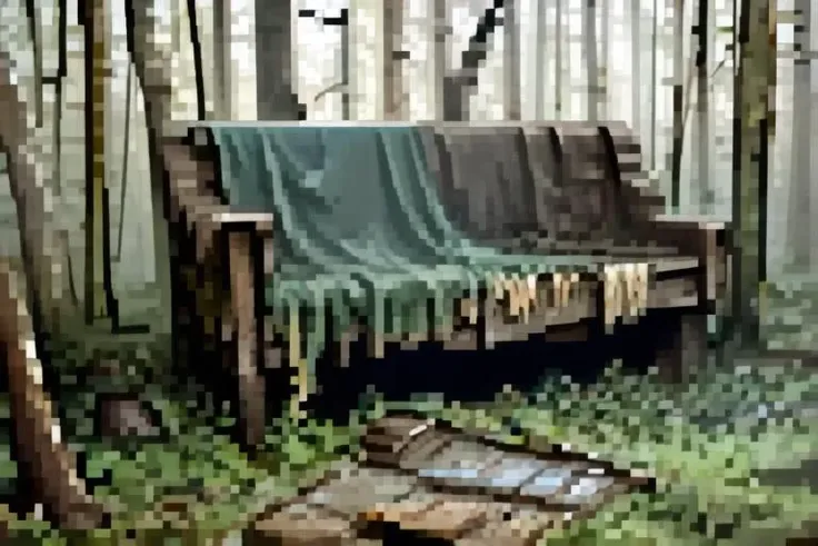 there is a bench in the woods with a blanket on it