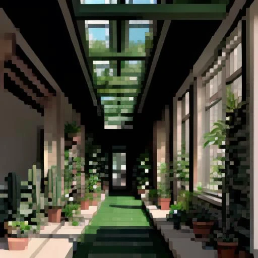 there is a pixel art of a hallway with plants and potted plants