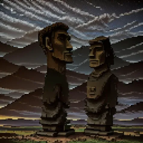 a close up of two statues of people standing on a hill