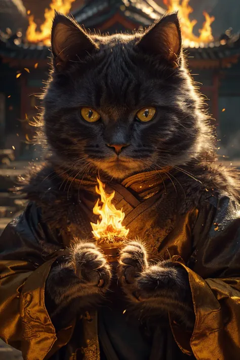 a close up of a cat in a leather jacket holding a fire