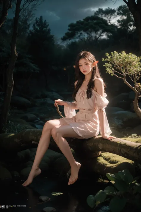 1girl,a weak girl,upper body,elf,sitting on branch,night,soft light,full body,sad,face up,hand supported,magic forest,luminous tree of life,glowing,glowing hair,light particles,<lora:MengX girl_Mix_V40:0.9>,blush,