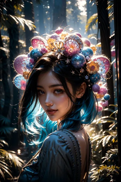 masterpiece,best quality,aesthetic,detailed face,subsurface scattering,looking down,
wrenchsfantasy,fantasy,1girl,photo of a cute girl,light smile,charming,20yo,Crimped Hair.Hair flaps,Electric blue hair,glowing,cloud,colorful || starry,stars,forest,bare t...