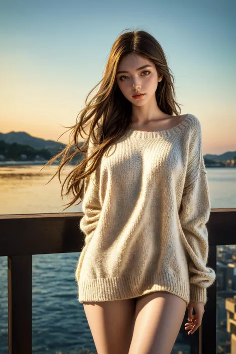 a girl in large white sweater, intricate pattern, bare legs, shy, posing, scenic background, evening glow,, best quality, masterpiece, highres, extremely detailed, sharp focus, cinematic lighting, vibrant colors