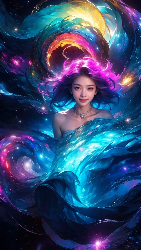 masterpiece,best quality,aesthetic,detailed face,subsurface scattering,from above,
wrenchsfantasy,fantasy,1girl,photo of a cute girl,light smile,charming,20yo,curl inside hair.Glossy hair,Hot pink hair,glowing,cloud,colorful || starry,stars,
space_style,st...