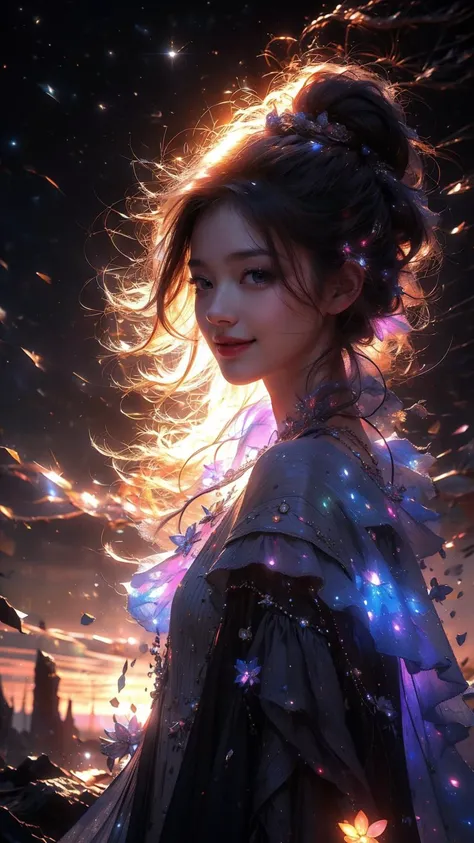 masterpiece,best quality,aesthetic,detailed face,subsurface scattering,dutch angle,
wrenchsfantasy,fantasy,1girl,photo of a cute girl,light smile,charming,20yo,low ponytail hair.shaved sides,Steel gray hair,glowing,cloud,colorful || starry,stars,coloured g...