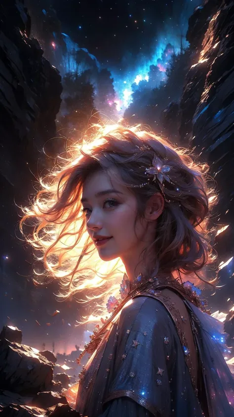 masterpiece,best quality,aesthetic,detailed face,subsurface scattering,side view up,
wrenchsfantasy,fantasy,1girl,photo of a cute girl,light smile,charming,20yo,messy hair.Hair flaps,Rose gold hair,glowing,cloud,colorful || starry,stars,coloured glaze,
spa...