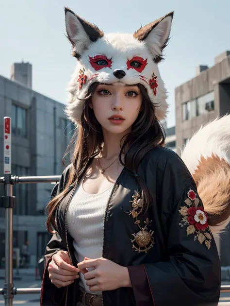 1girl, solo, official art, unity 8k wallpaper, ultra detailed, beautiful and aesthetic, masterpiece, best quality, photorealistic, (abstract background) (zentangle, mandala, tangle, entangle background:0.7) Kitsune, fox mask, haori jacket, foxfire spell, f...