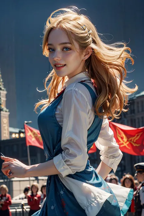 1girl, laughing, blonde hair, blue eyes, sopi, soviet pioneers, soviet flag, Subtle narrative, festive atmosphere, atmospheric perspective, dynamic movement, ethereal quality,solo,low fantasy,Lively Brushwork, Striking Composition, Psychedelic Imagery,