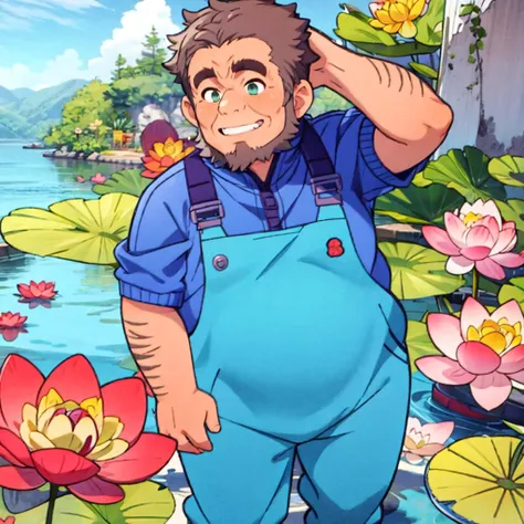 <lora:umiyan_lora4:0.8> best quality, umiyan, (chibi:1), (fat man:1), (smile, raised eyebrows:1), BREAK masterpiece, (escher style, lotus, thangka:1.2), outdoors, (old man:1), aqua overalls, blue shirt, (brown hair:0.7), (arm hair:1), green eyes, beard, (s...