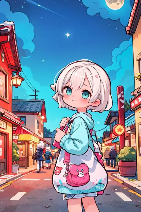 (masterpiece),  (outdoors,  night,  scenery:1.2),  starry sky,  town,  1girl,  smile,  white hair,  medium hair,  aqua eyes