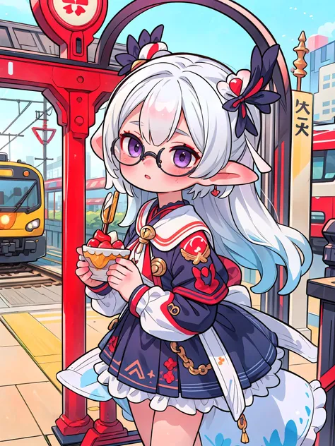 (masterpiece, top quality, best quality, official art, beautiful and aesthetic:1.2), (1girl), cute, extreme detailed, priestess elf, train station, silver hair, blurred background, purple eyes ,  black clothes,  glasses, eyeshadow, eyeliner, makeup, candya...