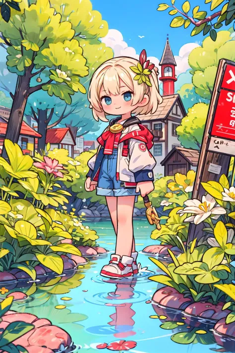 (masterpiece),  (outdoors,  nature,  scenery:1.2),  town,  overgrown,  1girl,  smile,  blonde hair,  medium hair