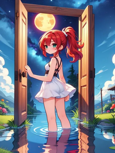 (masterpiece, best quality, detailed:1.5), 1girl, <lora:girllikeopendoor:0.8> open door, night sky inside frame, standing in water, futurama style