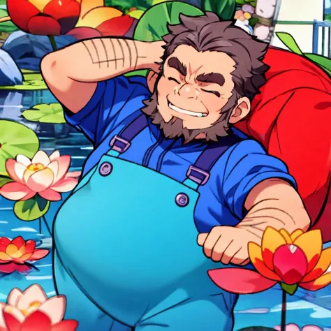 <lora:umiyan_lora4:0.8> best quality, umiyan, (chibi:1), (fat man:1), (smile, one eye closed:1), BREAK masterpiece, (escher style, lotus, thangka:1.2), outdoors, (old man:1), aqua overalls, blue shirt, (brown hair:0.7), (arm hair:1), green eyes, beard, (si...