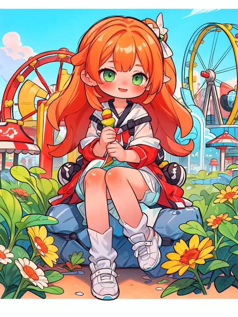 (masterpiece, top quality, best quality, official art, beautiful and aesthetic:1.2), (1girl), cute, extreme detailed, casual, amusement park, smile, blush, happy, pale skin, long orange hair, green eyes,