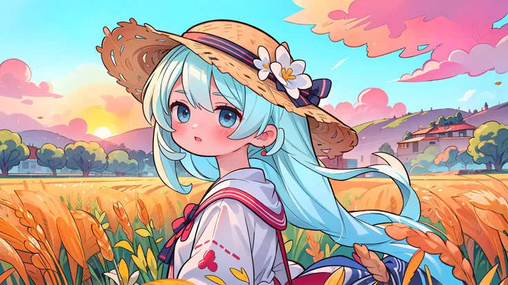 (masterpiece, top quality, best quality, official art, beautiful and aesthetic:1.2), (1girl), cute, extreme detailed, straw hat, farmer, wheat field, sunset,