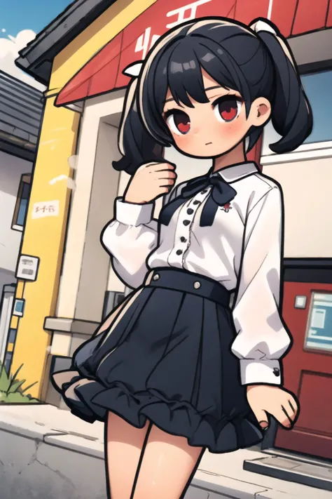 (masterpiece:1.2),best quality,extremely detailed,
BREAK
cute girl,(petite:1.3),solo,shiny skin,small breasts,very long hair,
detailed eyes,perfect anatomy,
cute eyes,(red eyes:1.3),(black hair:1.4),twintails,
BREAK
white shirt,black skirt frills,
BREAK
st...