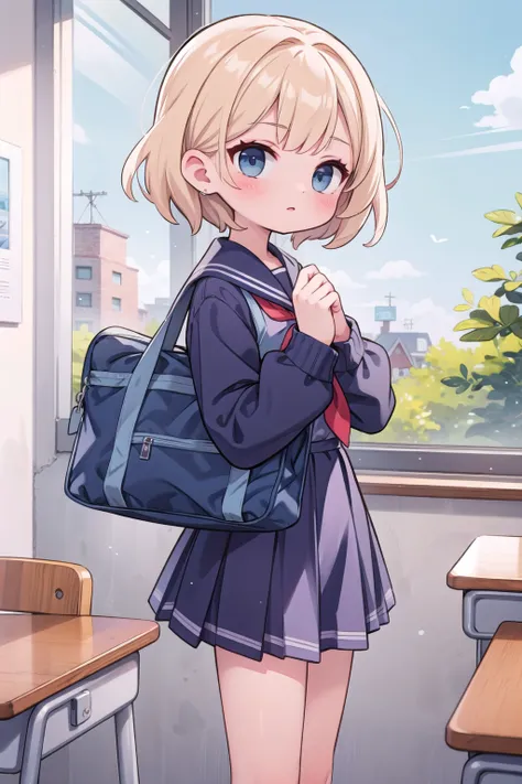 anime girl with blue eyes and a backpack standing in a classroom