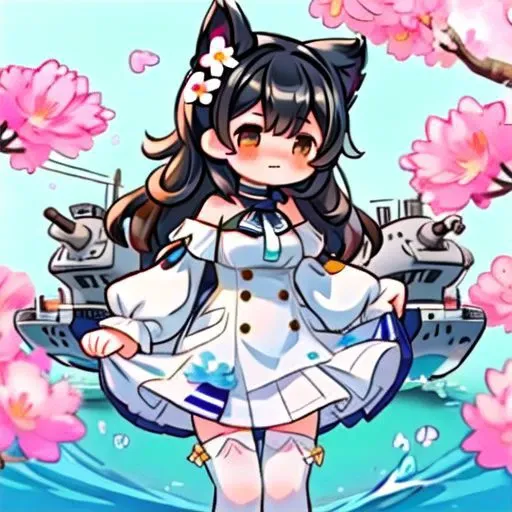 ((Azur Lane Atago)), (Embarrassed), cat ears. black hair, beautiful and cute face, Brown eyes, 1girl, solo, dress, flower, holding, white dress, thighhighs, looking at viewer, white thighhighs, long sleeves, bare shoulders, cherry blossoms, blush, water dr...