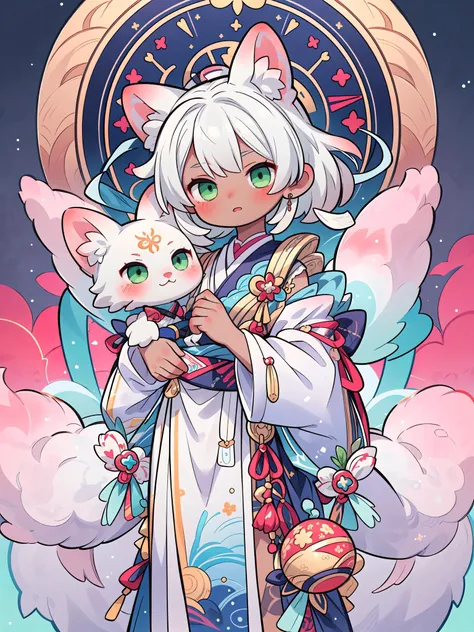 (masterpiece, top quality, best quality, official art, beautiful and aesthetic:1.2), (1girl), cute, mature, extreme detailed, kitsune, (mystic:1.3), dark skin, green eyes, fluffy hair, astrology,