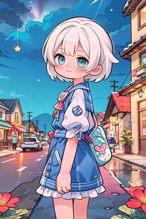 (masterpiece),  (outdoors,  night,  scenery:1.2),  starry sky,  town,  1girl,  smile,  white hair,  medium hair,  aqua eyes